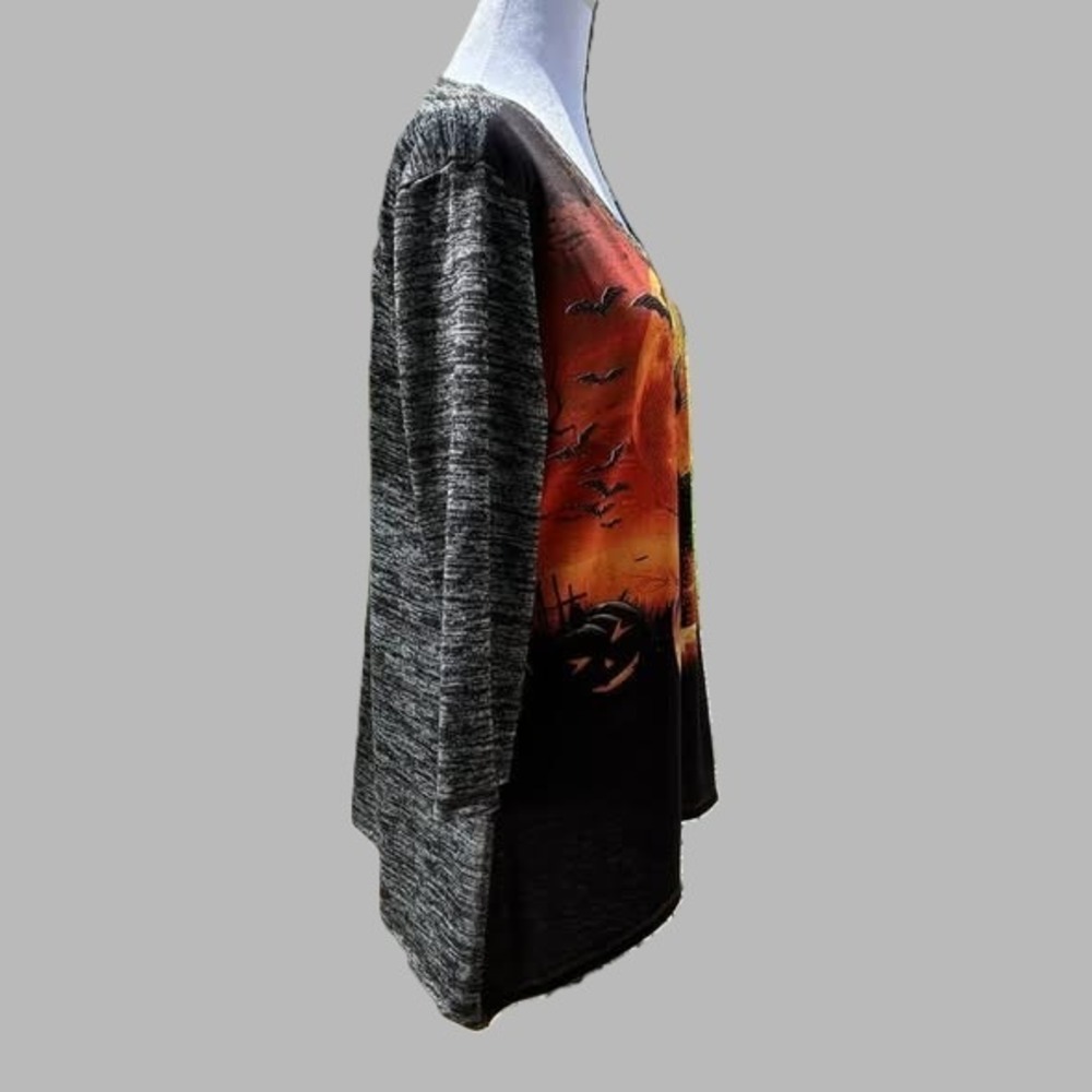 Onque Casual Halloween Black Cat Pumpkin Rhinestone Top Size L Grey Orange Black - Picture 7 of 14